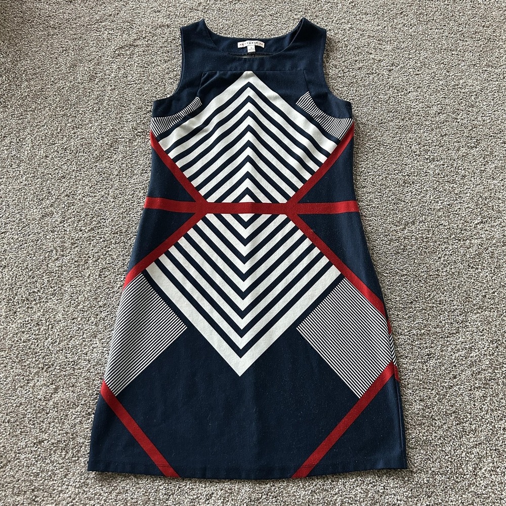 AA Studio Dress Womens 12 Blue Geometric Print Sleeveless Knit Shift Knee Length